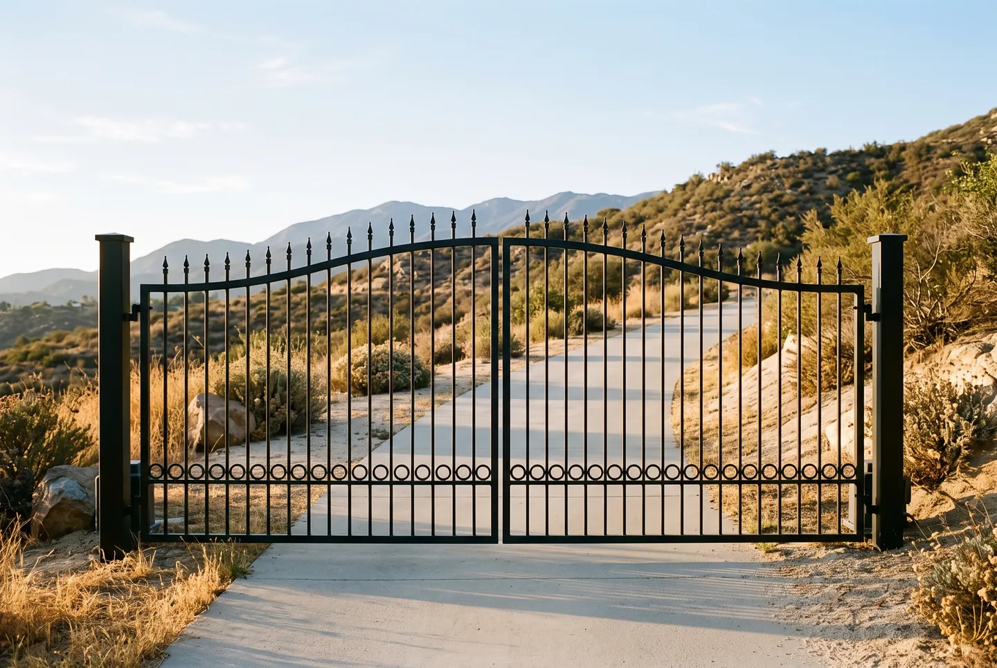 Rendering of a closed pair of black iron driveway gates with an arched top rail, spear tipped pickets and a band of rings near the bottom, across a concrete drive that runs on between dry hills