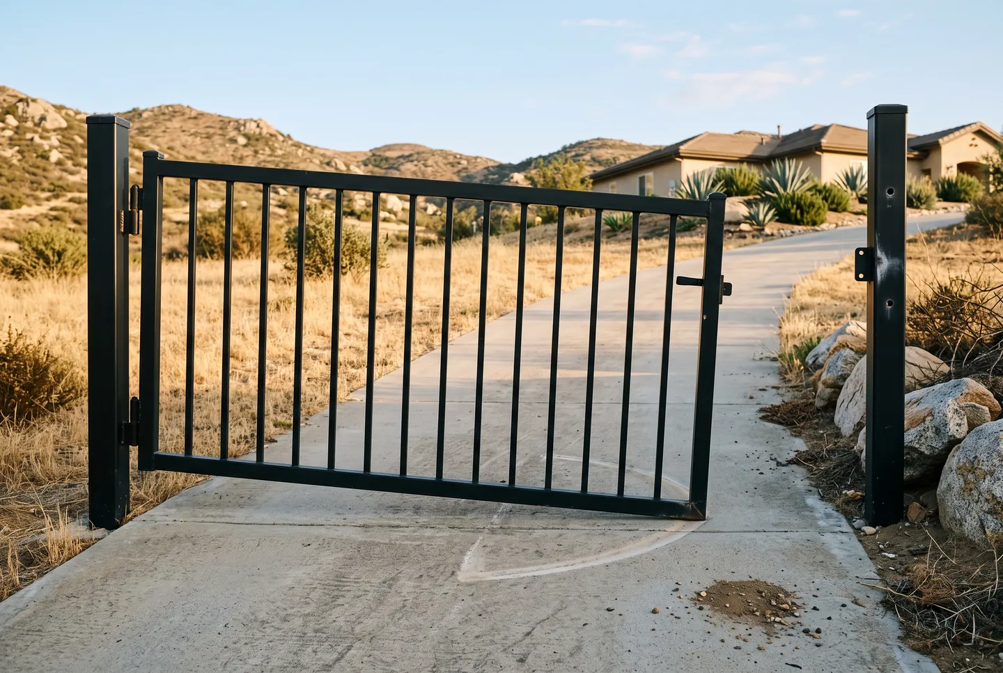 Rendering of a black steel swing gate leaf that has dropped at its free end, its bottom corner resting on the concrete drive beside a pale curved scrape mark