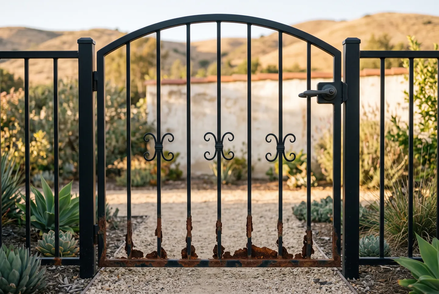 Rendering of an arched black iron walk gate with scroll details, its paint flaking and rust showing along the bottom rail and the lower ends of the pickets