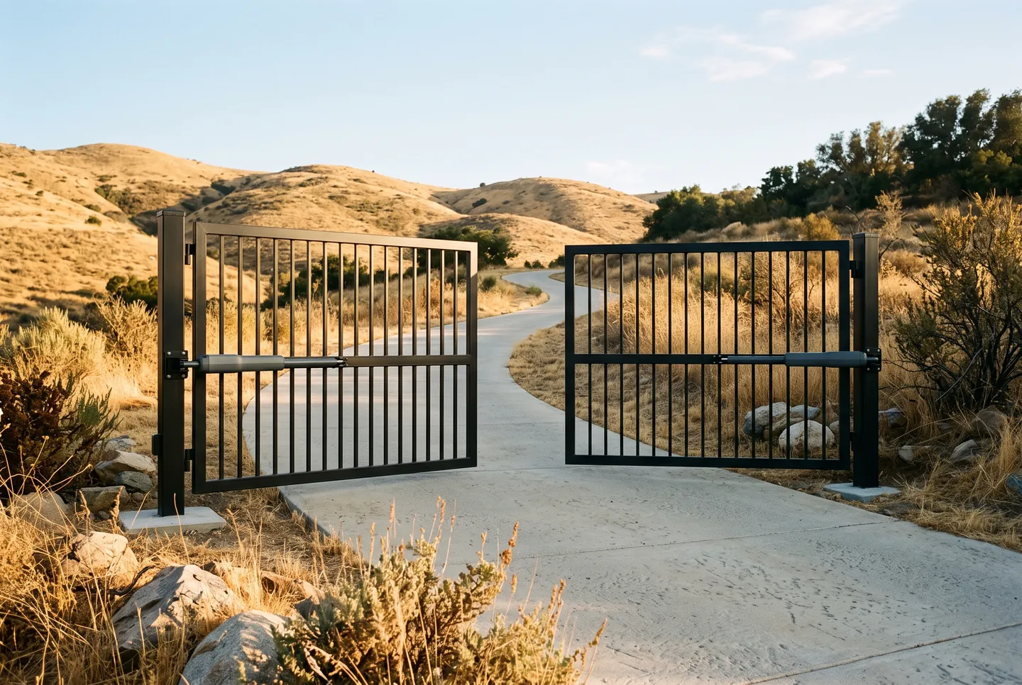 Rendering of a black steel double swing gate standing half open on a concrete drive, with a gray opener arm running from each post to the middle of its leaf