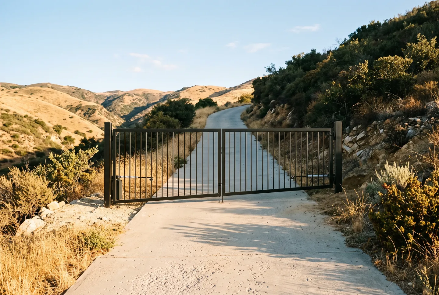 Rendering of a closed black steel double swing gate with plain vertical pickets across a concrete drive that climbs into dry golden hills